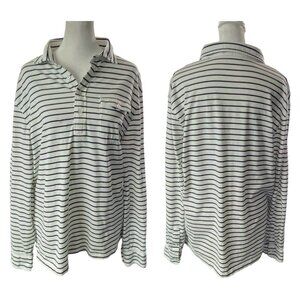 POLO RALPH LAUREN Men Long Sleeve Polo Shirt Size L B/W Striped Preppy 25-2